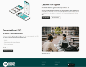 Nettside for ISIC med app-skjermer øverst og to studenter som samarbeider ved bærbar PC.
