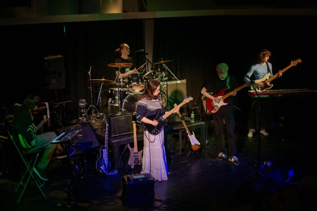 band på scenen, konsert, flere musikere og flere instrument